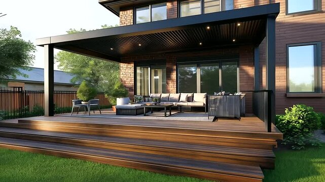 Architectural sketch of a modern home deck addition, featuring sleek outdoor seating arrangements, a pergola for shade, and finely detailed railings