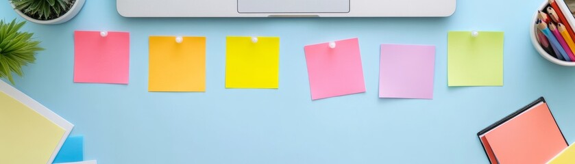 Colorful Sticky Notes on Workspace with Laptop