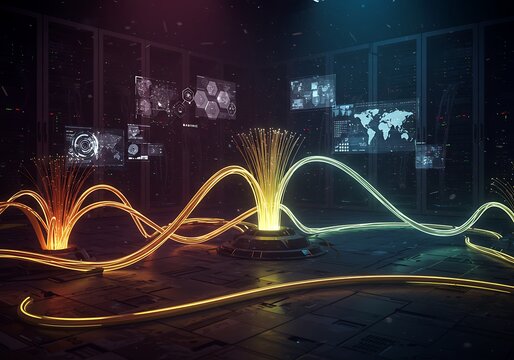 Glowing Data Fiber Optic Cables in Server Room with Infographics