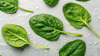 Obraz premium fresh spinach leaves with water droplets on a gray surface 