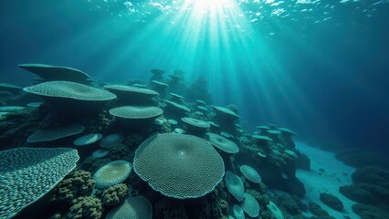 Naklejka premium Sunlit coral reef underwater showing bleaching and climate change impact 
