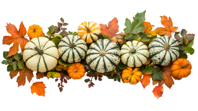 Orange pumpkins nestled among golden autumn leaves forming seasonal horizontal border on isolated transparent background