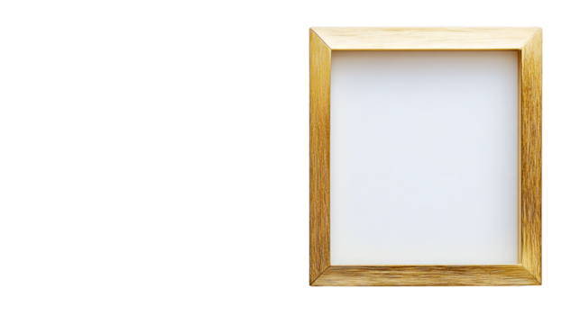 Empty golden wooden picture frame with white area isolated on transparent background, ready for your content