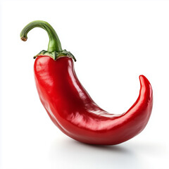 A glossy red chili pepper with a curved shape, isolated on a white background, representing spice and bold flavors.