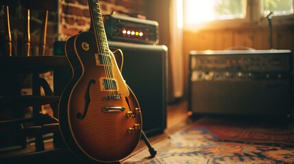 A classic electric guitar with a sunburst finish, leaning against a retro amplifier in a dimly lit music studio.

