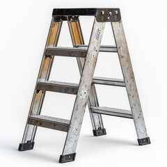 A sturdy metal ladder with a worn, industrial look isolated on a clean white background.