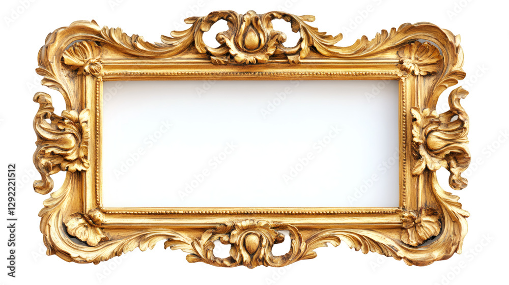 Poster horizontal golden baroque frame with transparent background, perfect for adding a touch of elegance 