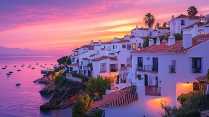 Fototapeta premium Scenic sunset over mediterranean coastal village with white houses and boats