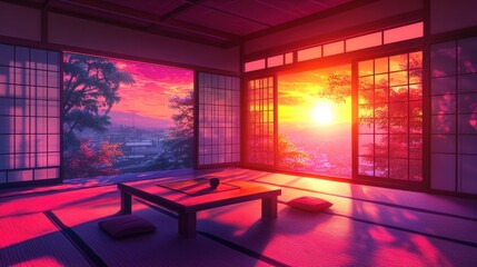 Fototapeta premium Serene sunset view from traditional japanese room with tatami mats