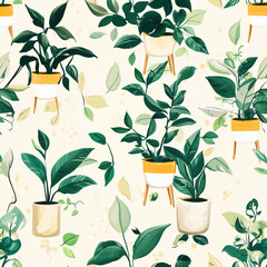 seamless pattern with green leaves in legged pots