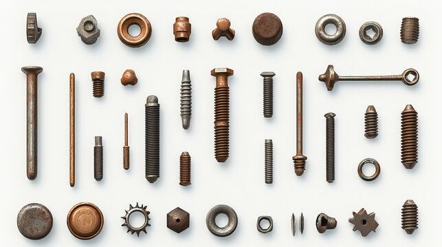 Old screw and nail heads set, steel, copper and brass metal bolts, rusty rivets hardware yellow, red and grey caps top view isolated on transparent background. Realistic 3d vector illustration, icons