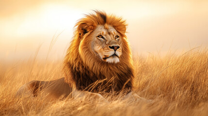 Majestic male lion resting in golden African savanna at sunset, powerful wildlife predator symbolizing strength, courage, and nature conservation