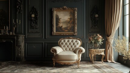 Luxurious vintage living room with elegant armchair and classic artwork