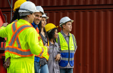 Cheerful Industrial Team Celebrating Success at Shipping Yard, Diverse Team of Workers Motivated...