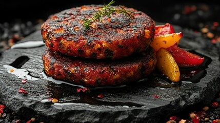 Crispy veggie patties on dark stone plate with roasted peppers