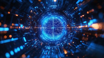 Obraz premium Futuristic blue data tunnel with glowing orange and blue lights