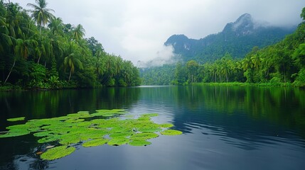 Serene tropical lake with lush greenery and misty mountains