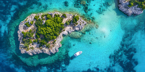 Aerial View of Secluded Island Paradise: Turquoise Waters and Lush Greenery
