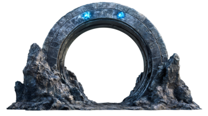 Large stone portal emitting blue light is embedded between two high rocks, on transparent background