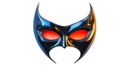 Shiny metallic superhero mask with glowing red eyes, sharp edges, and transparent background, exuding mystery and power