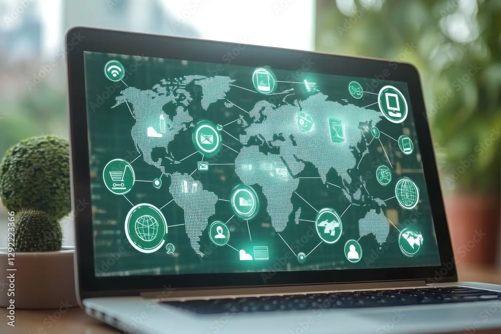 Poster digital map of the world with icons representing a global network and connectivity, symbolizing onli