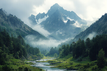 Obraz premium Misty Mountain Majesty, A Verdant Valley Serenity