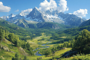 Naklejka premium Majestic Peaks Overseeing Verdant Valley with Winding River Below