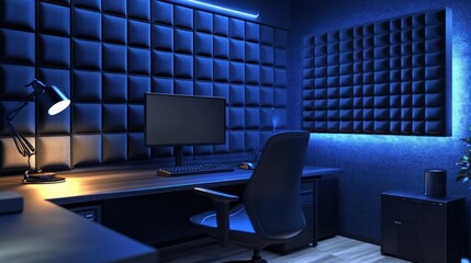 Dark, modern, soundproof gaming room with a computer setup