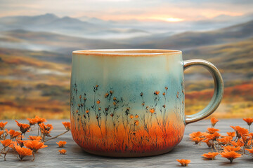 Ceramic Mug Adorned with Floral Design against a Mountain Backdrop
