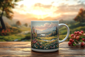 Painted Mug Serenity, A Warm Drink Amidst Nature's Artwork's Glow