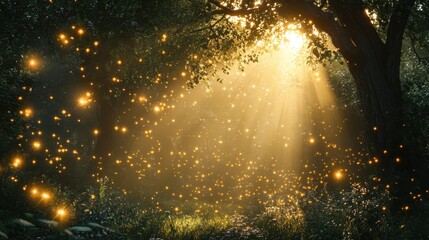 Naklejka premium Enchanted forest with glowing fireflies under sunlit canopy