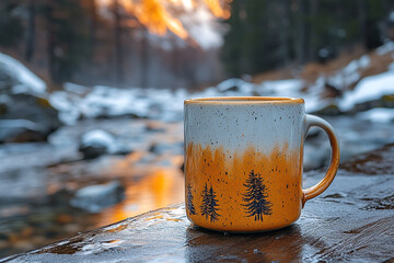Steaming Cup Serenity, Rustic Charm by a Winter River's Gentle Flow