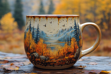 Autumnal Beverage, A Mug Reflecting Nature's Golden Palette and Serene Mountain Views