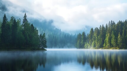Obraz premium Sunlit forest lake with a tranquil misty ambiance high resolution picture