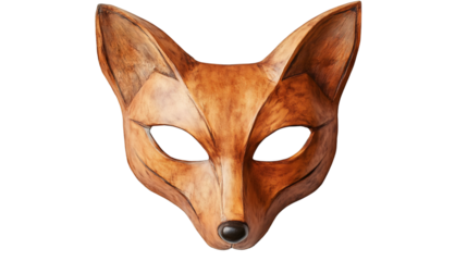 Handcrafted wooden fox mask isolated on transparent background, perfect for carnival, theater or any costume party
