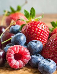 Colorful Berry Mix Close-Up: Strawberries, Blueberries, Raspberries, and Cherries on a Wooden Table