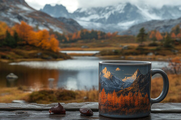 Autumnal reflections, mountains, mug, and meditative stillness lakeside