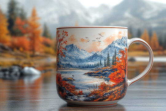 Autumnal Landscape Mug, A serene mountains and lake on your cup