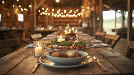 Rustic barn dinner table with warm lights and candles