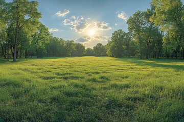Sunlit meadow framed by verdant trees under a luminous sky panorama