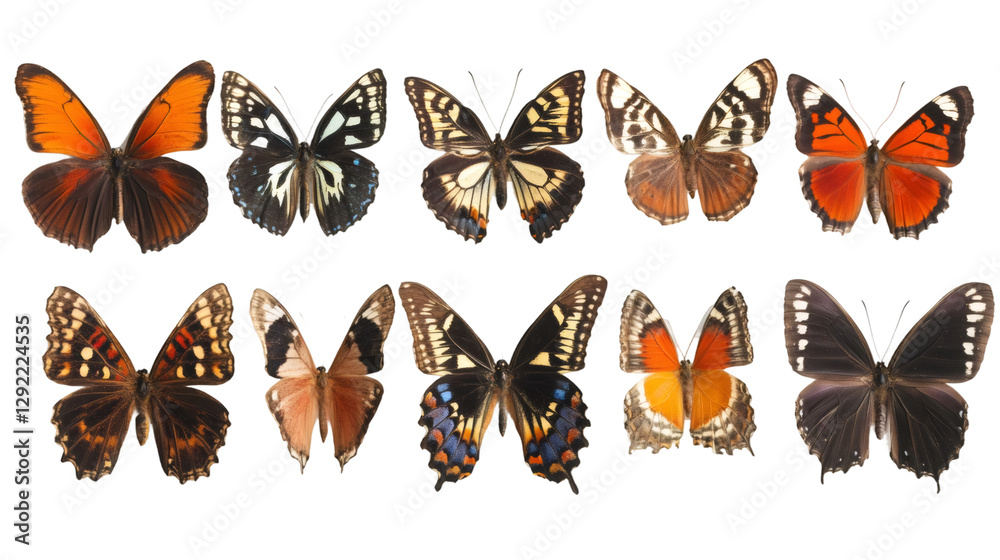Poster Ten colorful butterflies with open wings, showcasing intricate patterns and vibrant hues, isolated on a transparent background