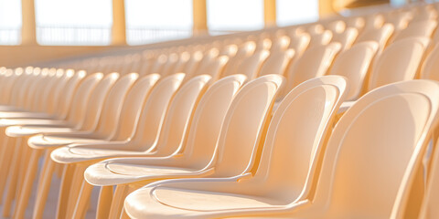 Fototapeta premium Empty plastic rows of seats in an outdoor stadium, waiting for a match, preparing a fan zone