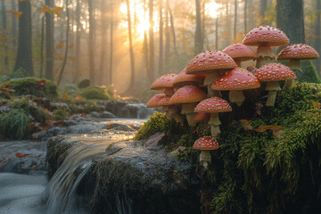 Crimson caps bask in morning's light beside a whispering stream