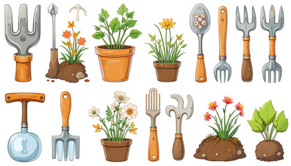 Gardening Tools and Potted Plants Illustration no background transparent