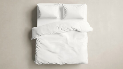 Obraz premium Minimalist white bedding mockup with two pillows and a soft duvet on a neutral background. The slightly unmade look. Ideal for showcasing textile designs, fabric branding, or home decor