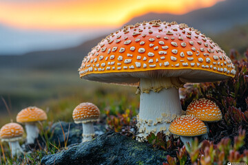 Sunset Hues and Fly Agaric, A Forest's Whimsical Delights
