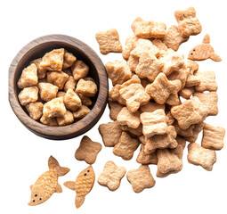 Crispy fish-shaped cat treats pile around a wooden bowl filled with crunchy snacks for cats