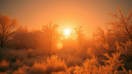 Obraz premium Landscape Backdrop - Golden Sunrise Illuminates Tranquil Trees Hazy Serene Peaceful Vista.