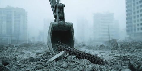Excavator bucket loading scrap metal. Metal scraps and pieces of rebar at a construction site.