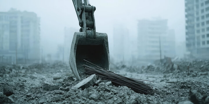 Excavator bucket loading scrap metal. Metal scraps and pieces of rebar at a construction site.